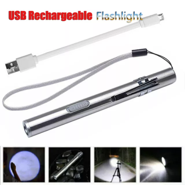 Mini LED USB Rechargeable Tactical Flashlight Stainless Steel Torch Pen Light