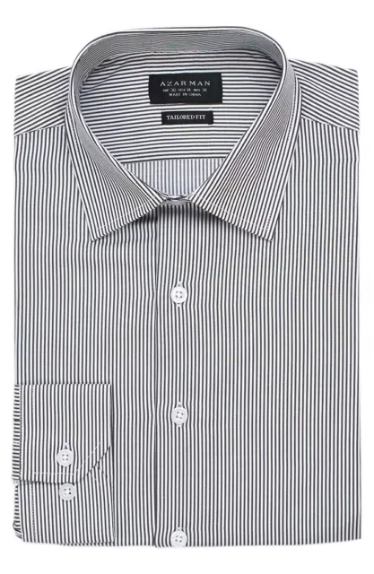 Slim / Tailored Fit Mens Gray Stripe Dress Shirt Wrinkle-Free Cotton By AZAR MAN