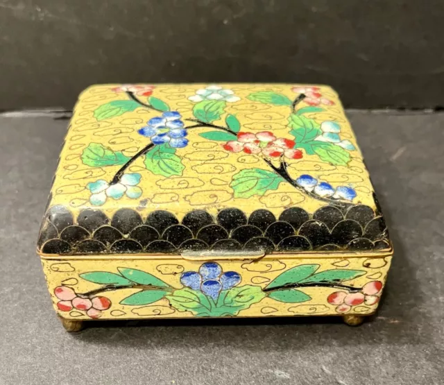 Antique Chinese Cloisonne Enamel Lidded Box Yellow/Black  & Floral