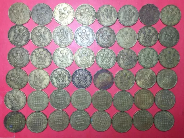 1937-1967 British THREEPENCE Collection of 48 Assorted Coins! Octagon Shaped!