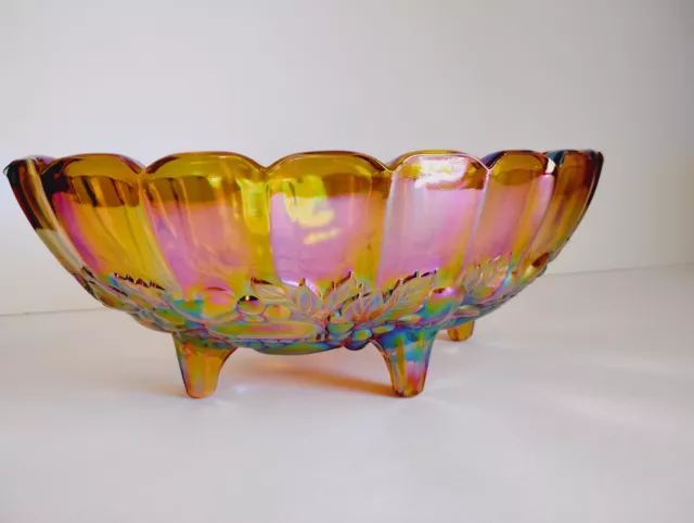 Iridescent Carnival Glass Fruit Bowl Oval Indiana Harvest Grape Amber Footed VTG