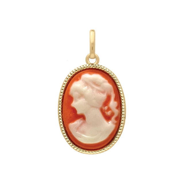 Pendentif Camée Sur Fond Orange Travaillé, Plaqué Or 18 Carats - Pour Femme