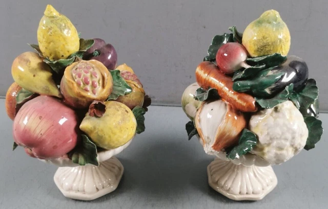 Paire de SCULPTURE Corbeille a Fruit Legumes en BARBOTINE Polychrome Ceramique G