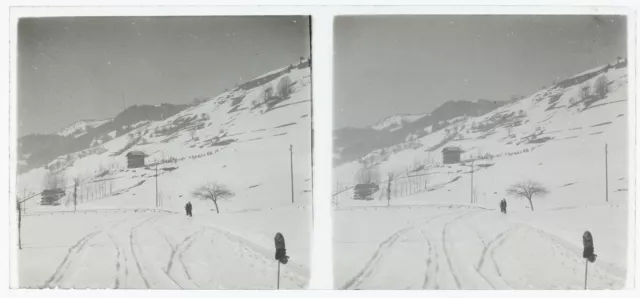 Vue Montagne Neige c1950 Photo Stereo Amateur Plaque de verre Vintage V36L25n5