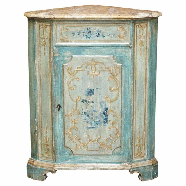 Hand Painted Vintage Corner Pot Cupboard In The French Taste With Marbled Top