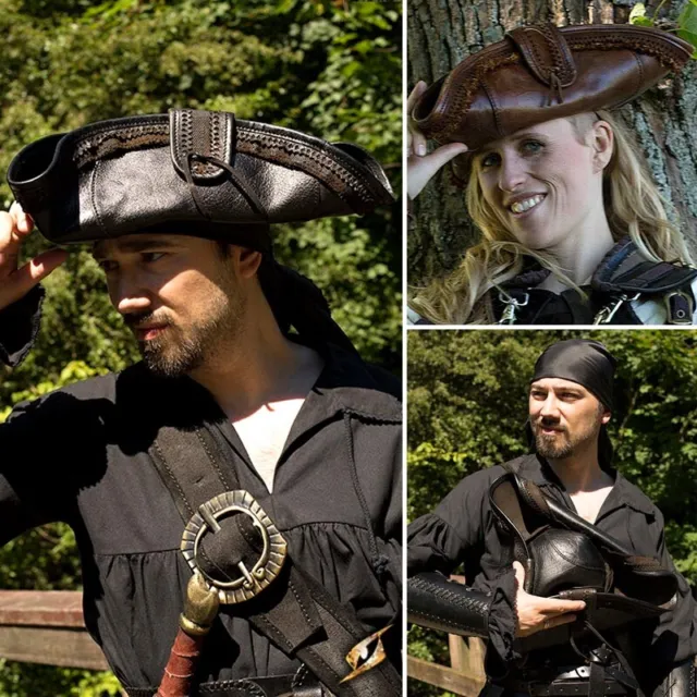 Quality Leather Pirate Tricorn Hat. Costume Re-enactment Or LARP Black or Brown
