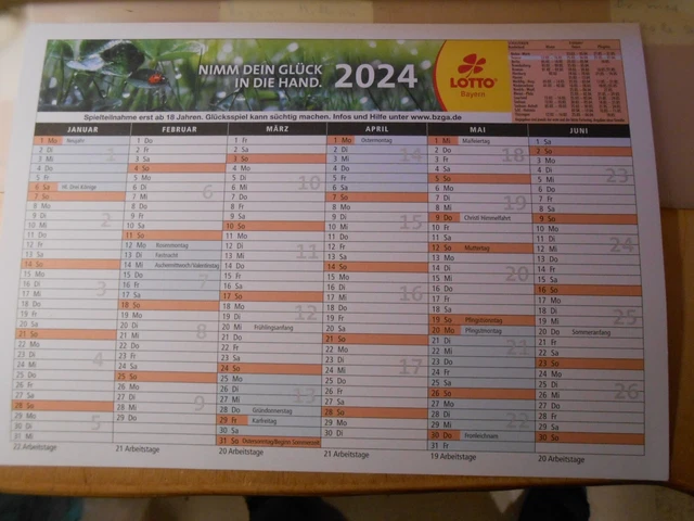 LOTTO BAYERN TAFELKALENDER, Kalender 2024 DIN A4 mit Feiertagen und 