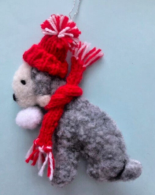 BEDLINGTON TERRIER  with SNOWBALL  & RED HAT & SCARF - PART NEEDLE FELTED DOG