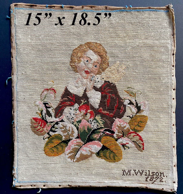 Antique Victorian 18.5" Needlepoint Panel, Signed M. Wilson, 1872, Child Sampler