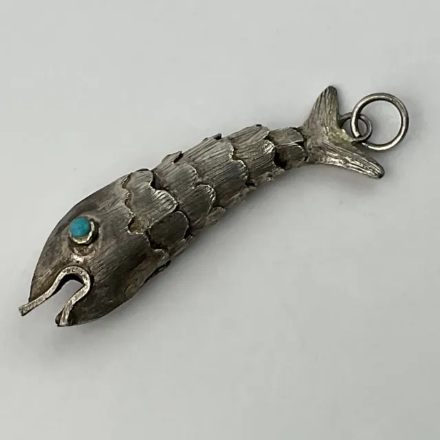 Vtg Taxco Mexico Sterling Silver Articulated Fish Turquoise Eye Pendant & Chain