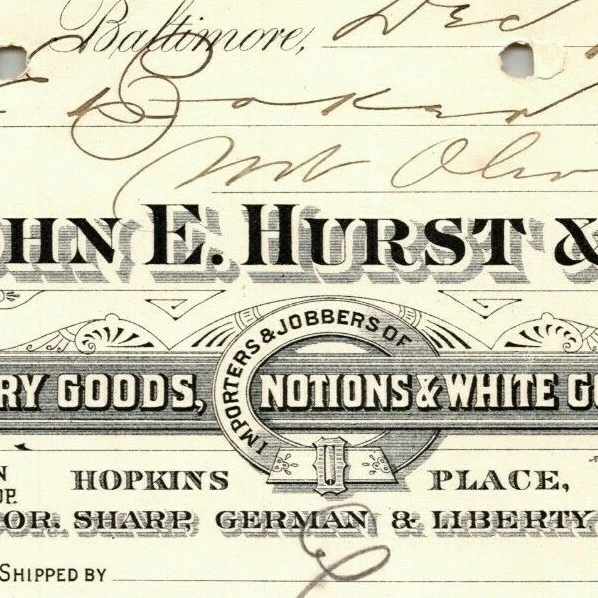 1898 Letterhead John E. Hurst Dry Goods Baltimore - Ephraim Baker*