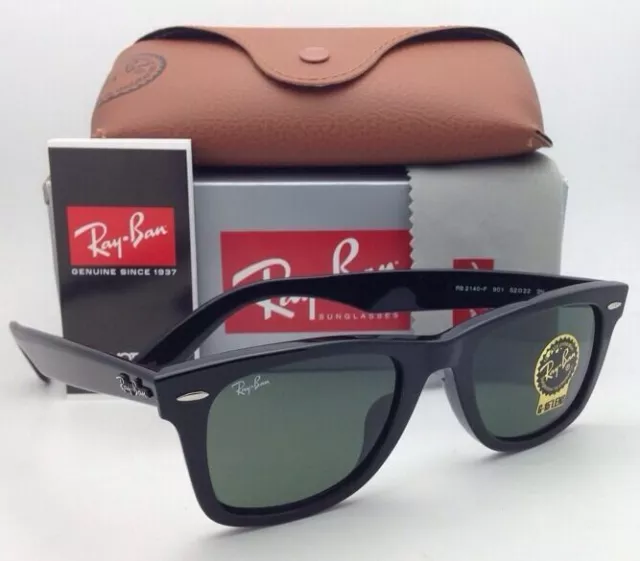 New RAY-BAN WAYFARER Sunglasses RB 2140-F 901 52-22 Black Frame w/ Green Lenses