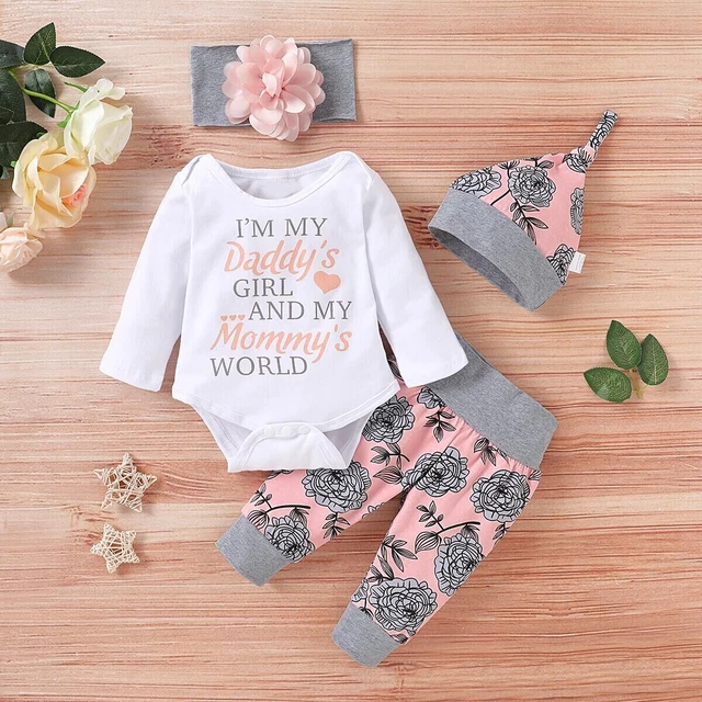 4PCS Newborn Baby Girl Bodysuit Romper Pants Headband Infant Outfits Clothes UK 2