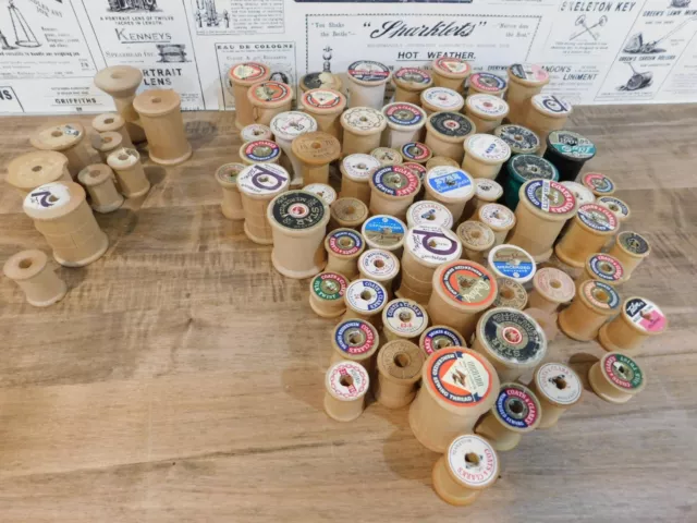 Lot of 80 Vintage Wood Wooden Sewing Thread Spools Crafts Hobby