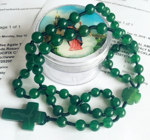 Natural Green jade Bead CROSS ROSARY BEADS CRUCIFIX CATHOLIC GIFT NECKLACE BOX