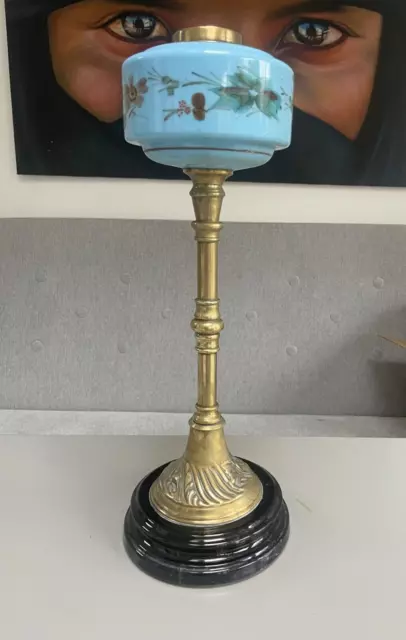 antique tall slim brass oil lamp with hand painted blue font reservoir