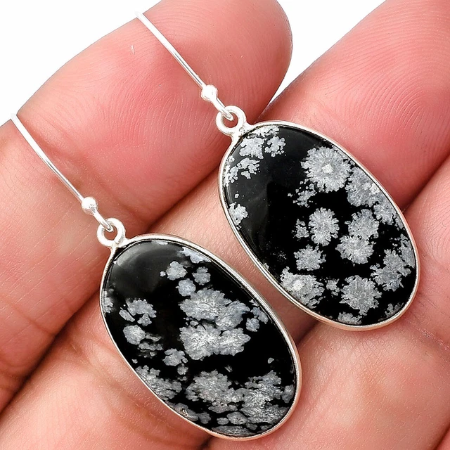 Natural Snow Flake Obsidian 925 Sterling Silver Earrings Jewelry E-1001