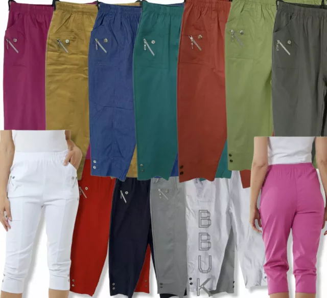 Ladies Plus Size Plain 3/4 Cropped Stretchy Capri Pants Shorts