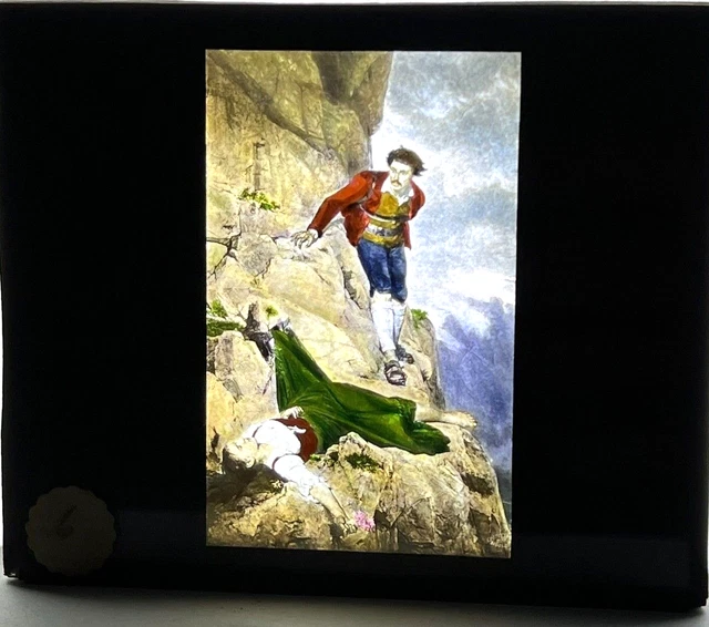 Antique Colorized Glass Magic Lantern Slide Dramatic Scene Mountain Rescue