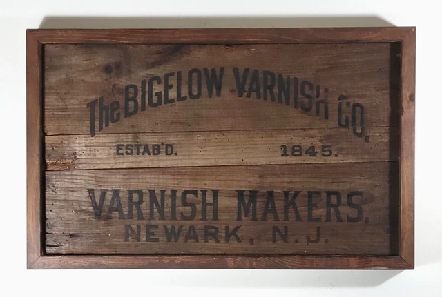 Antique Bigelow Varnish Co. Wooden Crate Advertising sign ESTAB'D 1845