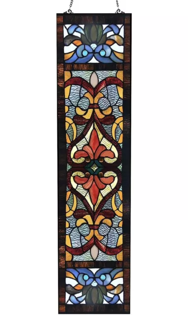 Victorian Fleur De Lis 36 Inch High Stained Glass Window Panel, Red, Blue, Amber