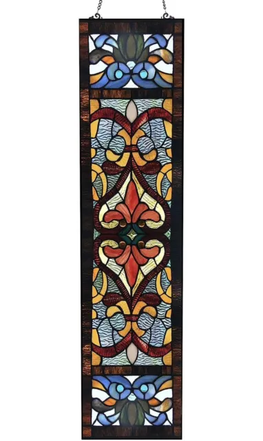 Victorian Style 36 Inch High Stained Glass Window Panel, Red, Blue, Amber