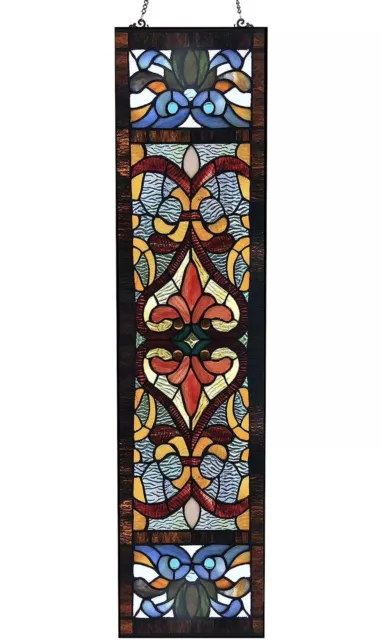Victorian Style 36 Inch High Stained Glass Window Panel, Red, Blue, Amber