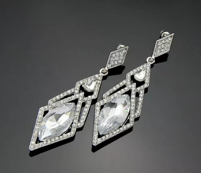 Silver Crystal Drop Earrings Deco 1920s Long Statement Bride sparkle GATSBY 3