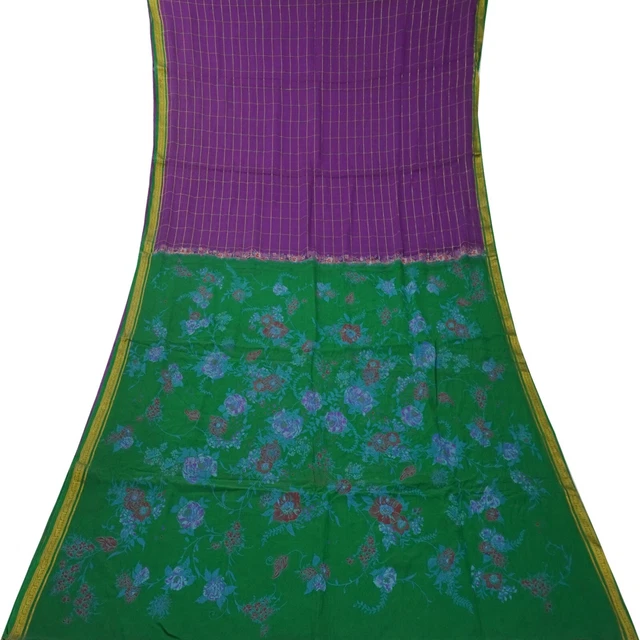 Vintage Viola Sari 100% Pura Seta Zari Intrecciato Controlli 4.6m Craft Tessuto