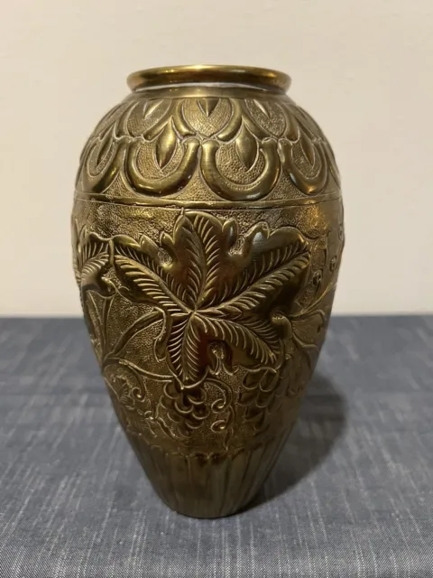 Vintage Brass Vase With Grape And Leaves. Boho Rustic Modern