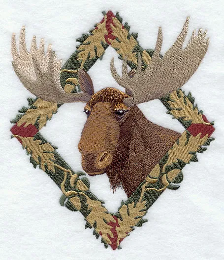 Embroidered Short-Sleeved T-shirt - Moose in Autumn Leaf Frame E7043