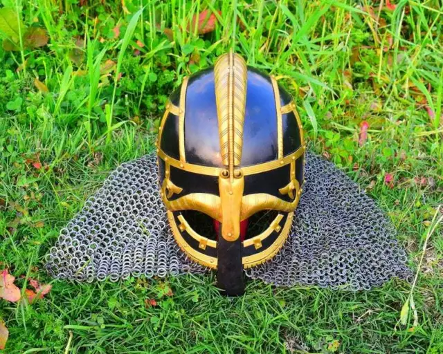 Medieval Steel Viking Vendel Helmet With Chainmail Hand Forged in Black SCA/ Lar