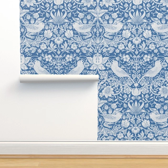 Removable Water-Activated Wallpaper Strawberry Blue White Victorian English Arts