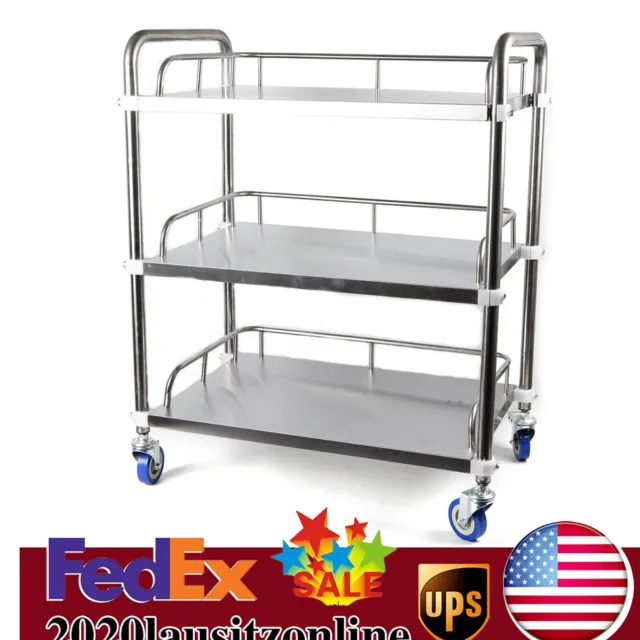 3 Layers Trolley Cart Stainless Steel Durable Lab Mobile Rolling Serving Cart US