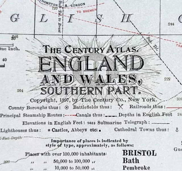 OLD 1899 Southern England Wales Map London Cornwall STEAMSHIPS RAILWAYS PORTS