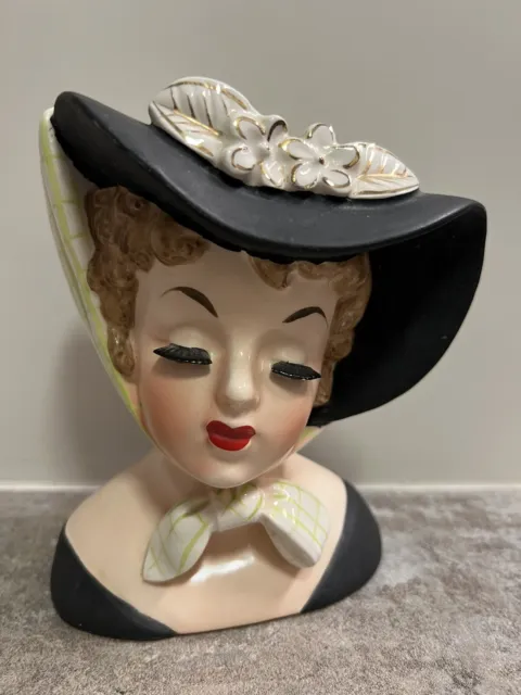 Vintage 1959 Napco Lady Head Vase Black Floppy Hat w Green & White Ribbon C4414A