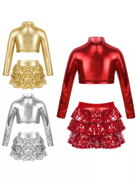 Kids Girls Dancewear Sequins Costume Metallic Dance Outfits Two-Piece Set Shiny 3