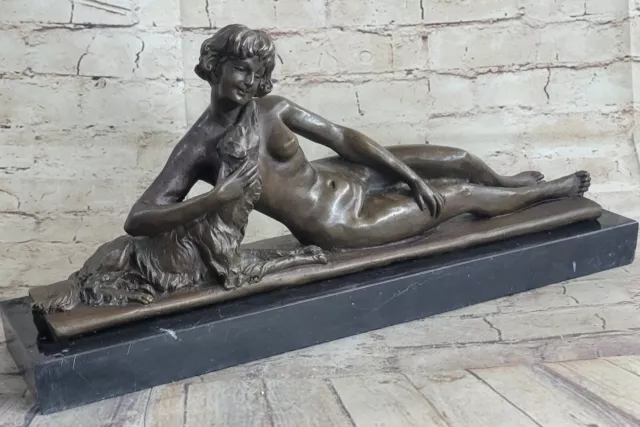 Art Deco handmade copper Sculpture Nude beauty girl Pet dog Bronze Statue