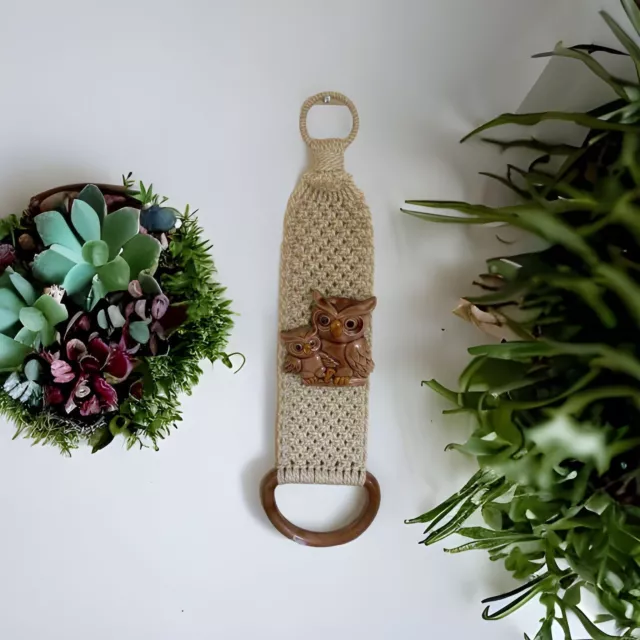 70s Vintage Retro Mid Century Modern Macrame Owl plant towel hanger Wall Decor