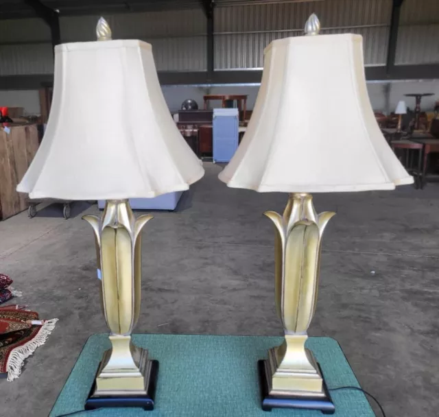 Pair two large side end table lamps gold cream leaf square base