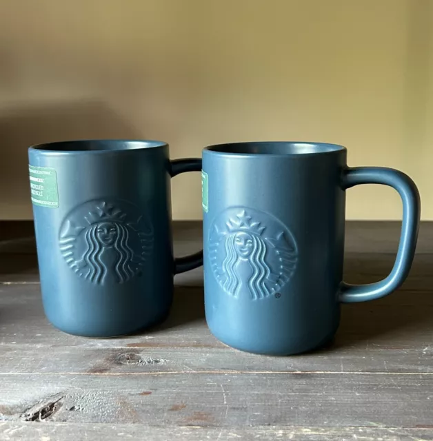 Starbucks Recycled Ceramic Mugs Set 2 Matte Blue Embossed Siren Logo 2022 16oz