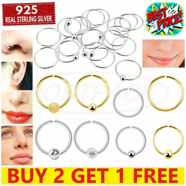 925 Sterling Silver Nose Hoop Ring Small Thin Gold 8mm 10 Piercing Fake Ball Set