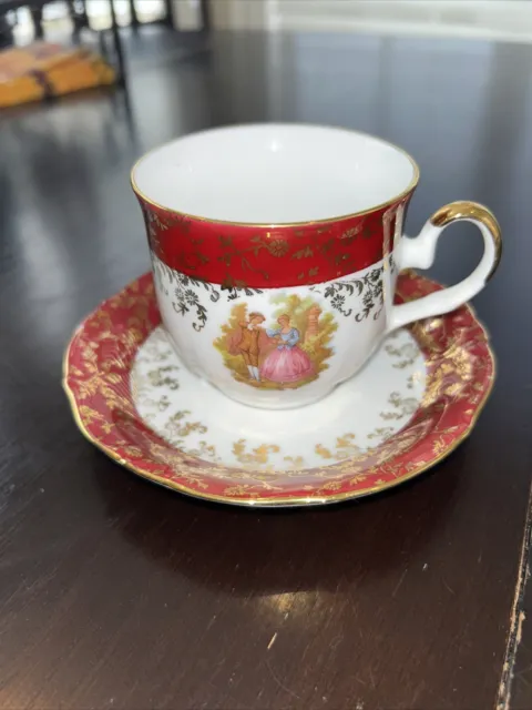 Vintage Tea Cup & Saucer Set. Bavaria Germany Handarbeit White,Red & Gold Finish