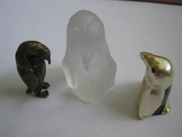 3 Penguin Figures, "(c) EA" Pendant, Frosted Crystal, Cream Enamel, ex Litinsky