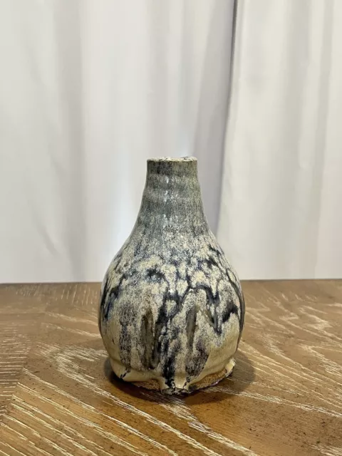 Small Tiny Vase Studio Art Pottery Glazed White Gray Blue 2