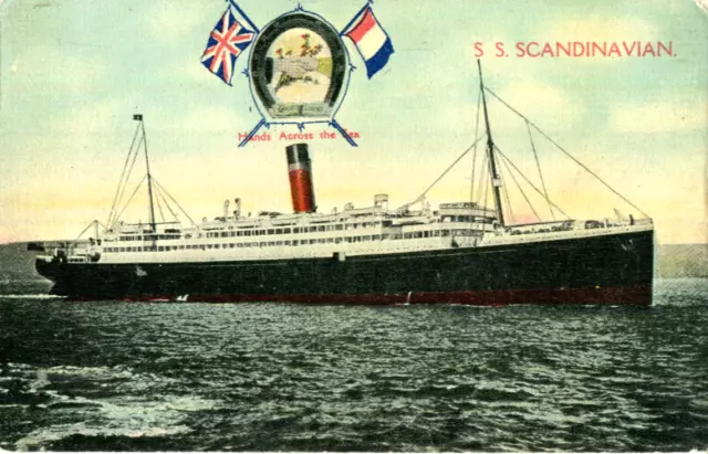 1913 postcard Allan Line ocean liner SS SCANDINAVIAN Hands across the Sea