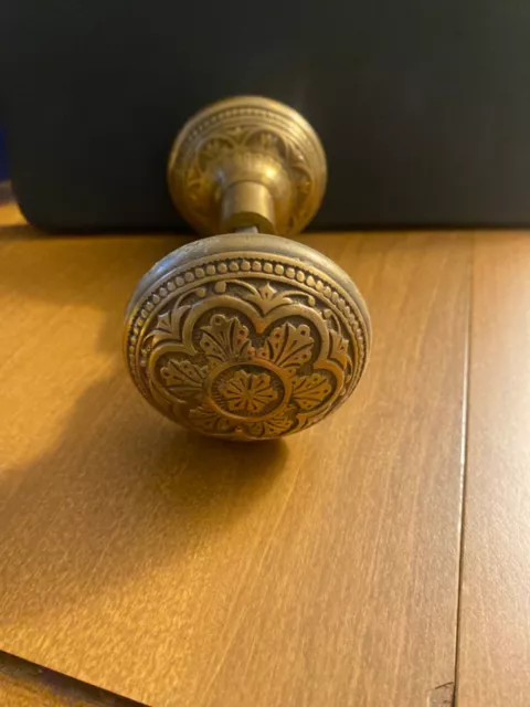 Antique Eastlake Victorian Brass Door Knob Set + Spindle