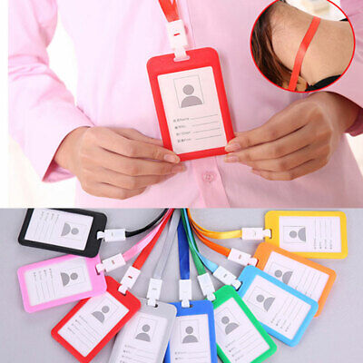 Double-Sided Plastic ID Card Holder Work Badge Wallet Neck Strap Lanyard Unisex