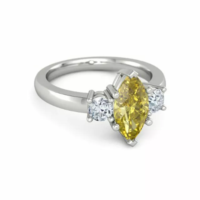 Bague pierre précieuse saphir jaune or blanc 14 carats diamant marquise...