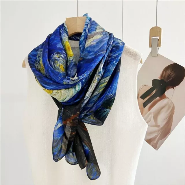 Painting Print Pure Mulberry Silk Crepe Shawl Wrap Oblong Scarf 180*65cm Blue